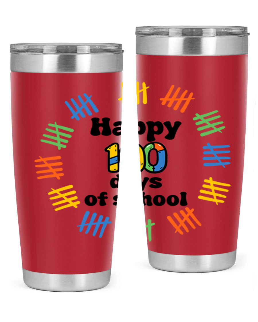 Happy 100 Days of School tumbler featuring vibrant design, double wall vacuum stainless steel, and a drink-thru lid.