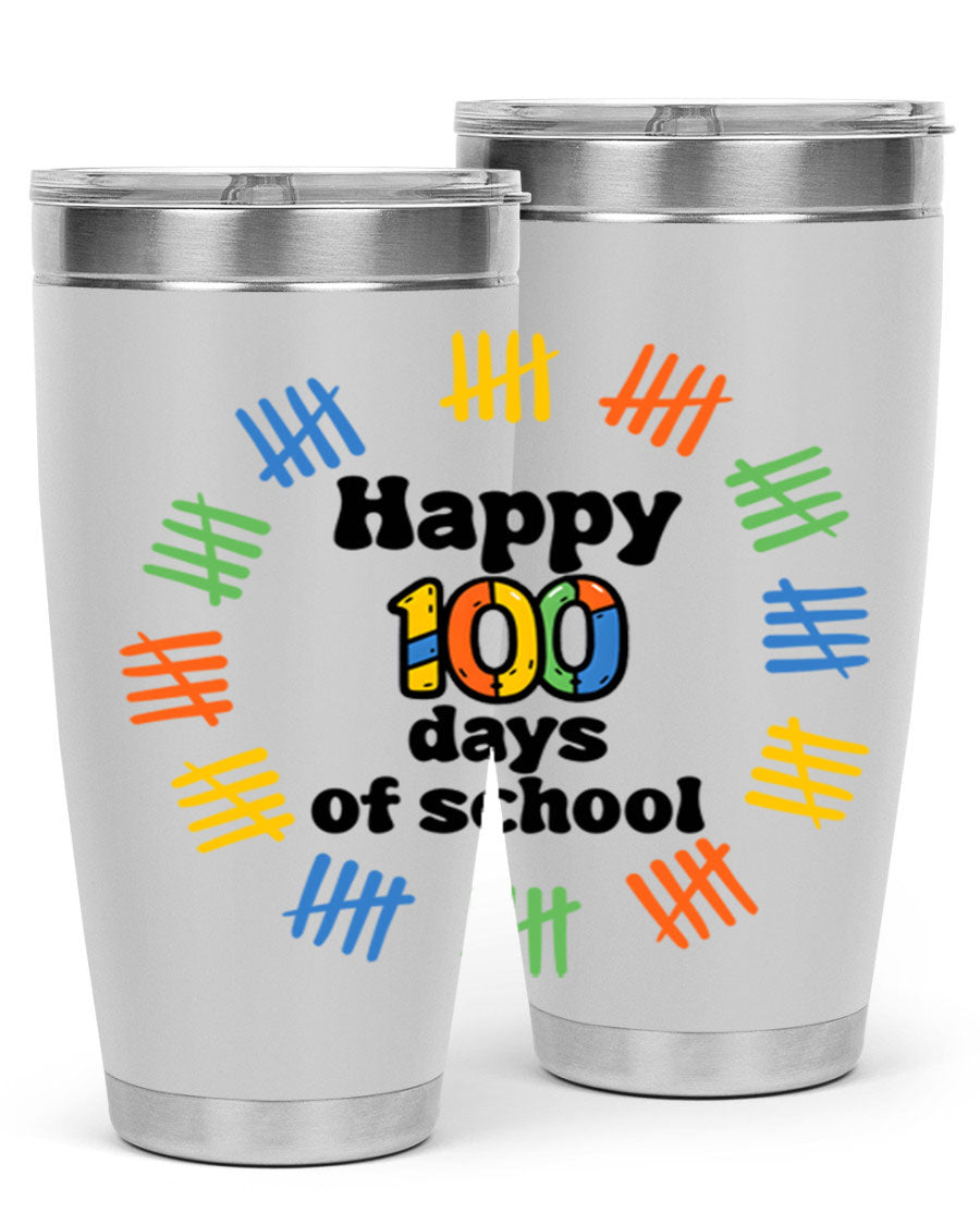 Happy 100 Days of School tumbler featuring vibrant design, double wall vacuum stainless steel, and a drink-thru lid.