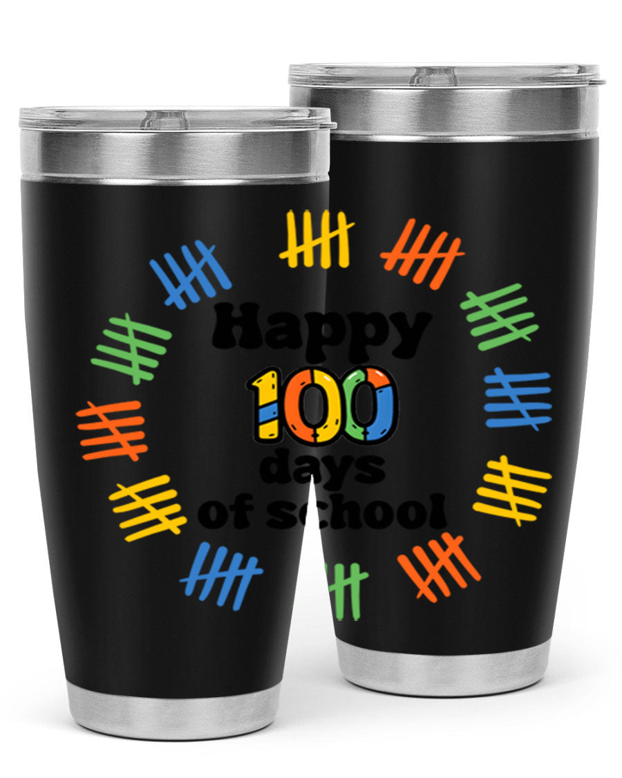 Happy 100 Days of School tumbler featuring vibrant design, double wall vacuum stainless steel, and a drink-thru lid.