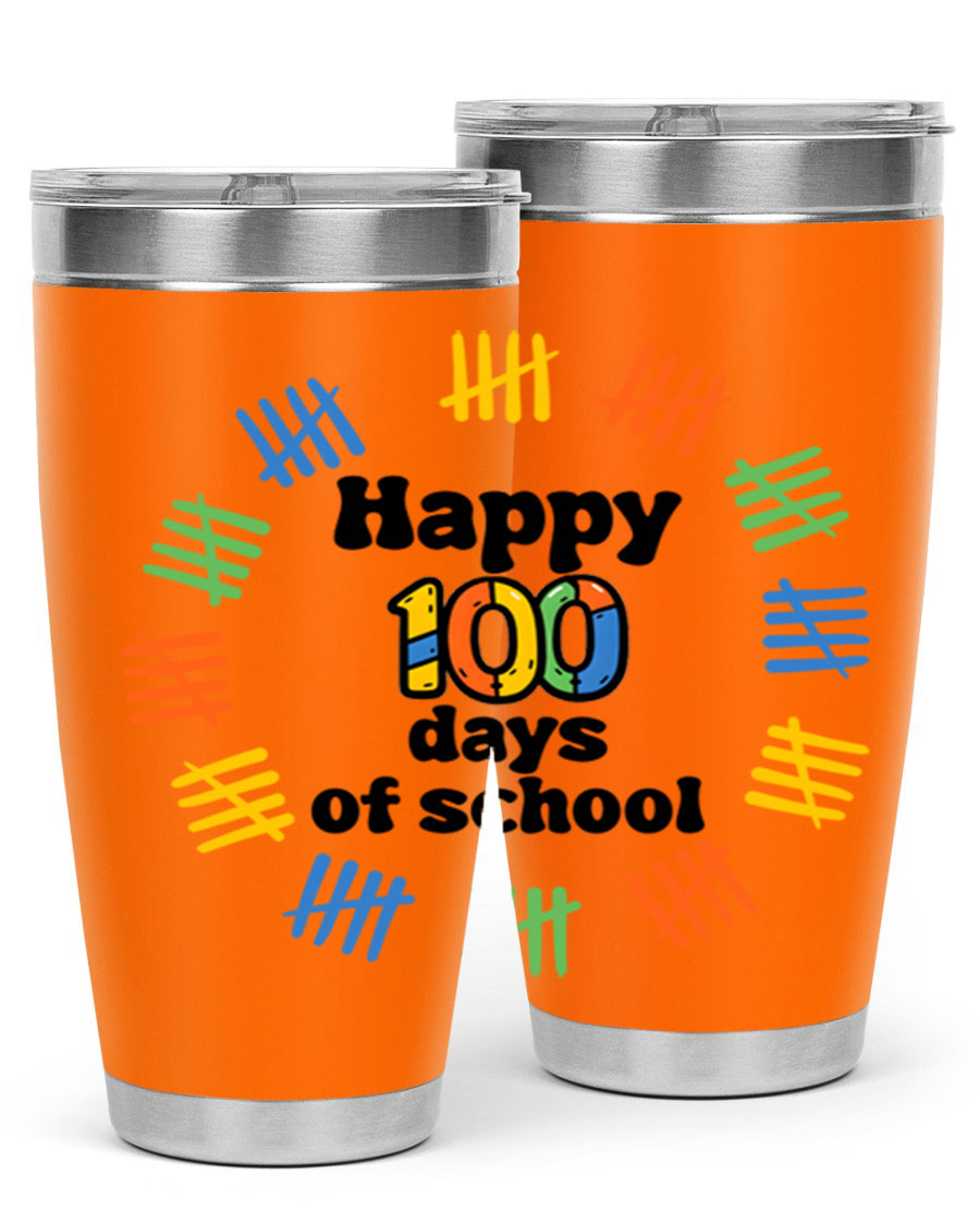 Happy 100 Days of School tumbler featuring vibrant design, double wall vacuum stainless steel, and a drink-thru lid.