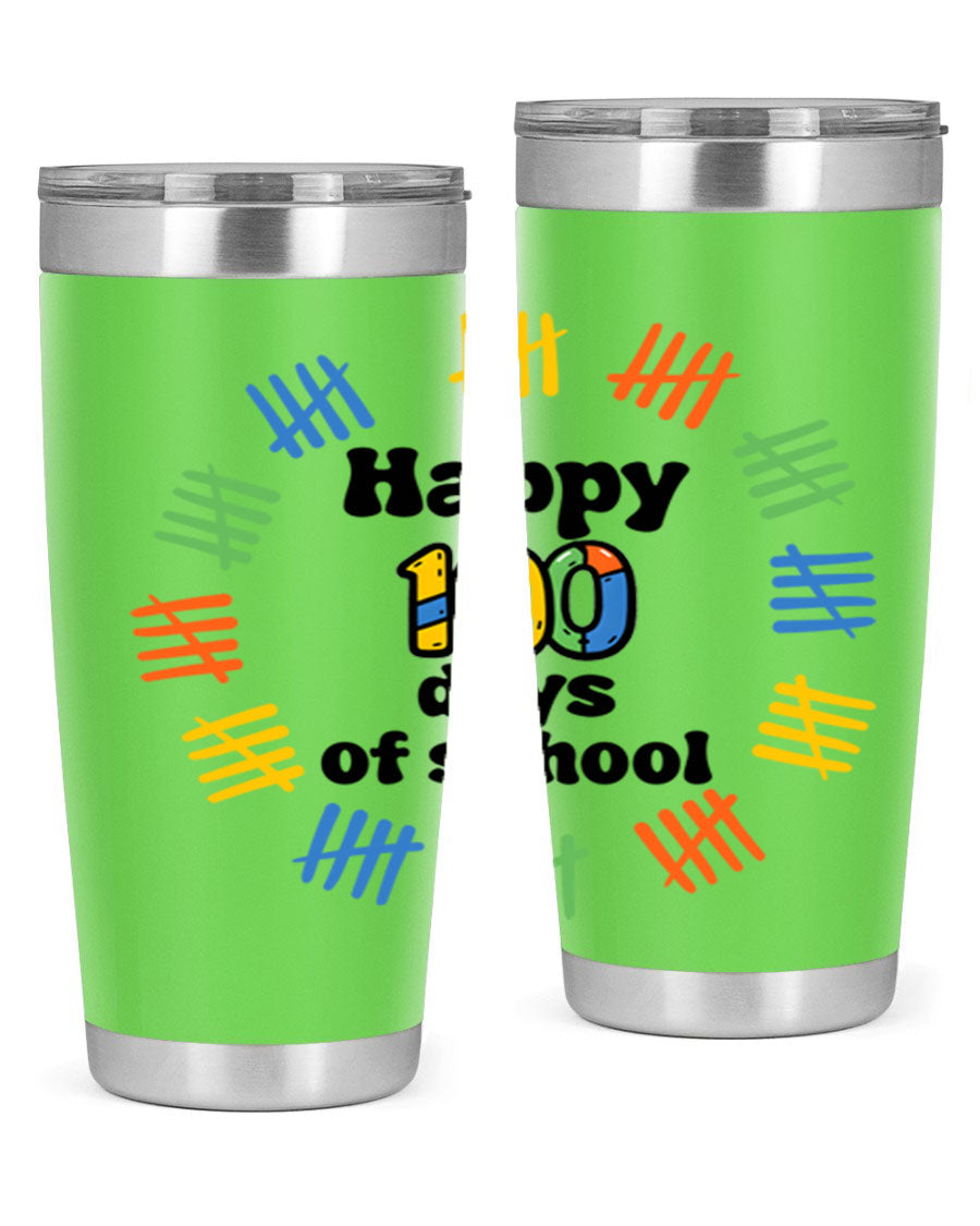 Happy 100 Days of School tumbler featuring vibrant design, double wall vacuum stainless steel, and a drink-thru lid.
