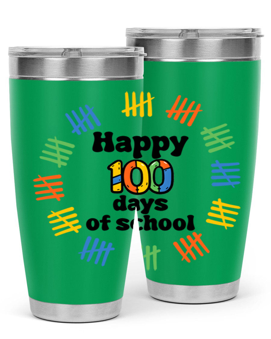 Happy 100 Days of School tumbler featuring vibrant design, double wall vacuum stainless steel, and a drink-thru lid.