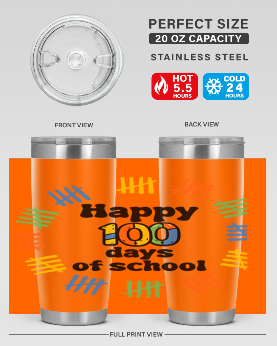 Happy 100 Days of School tumbler featuring vibrant design, double wall vacuum stainless steel, and a drink-thru lid.