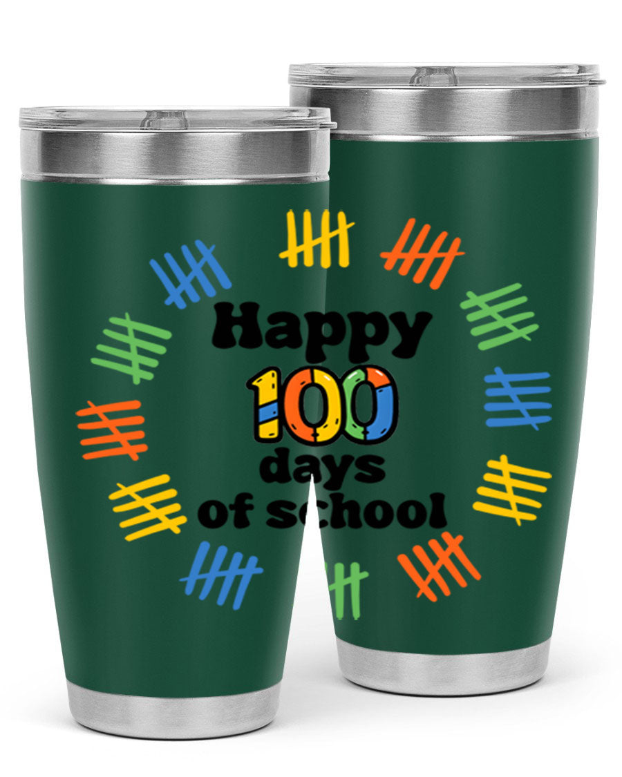 Happy 100 Days of School tumbler featuring vibrant design, double wall vacuum stainless steel, and a drink-thru lid.