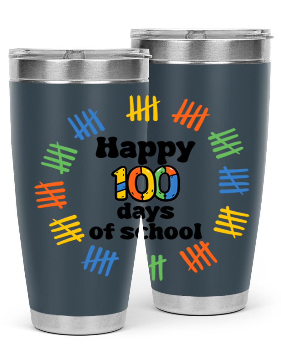 Happy 100 Days of School tumbler featuring vibrant design, double wall vacuum stainless steel, and a drink-thru lid.