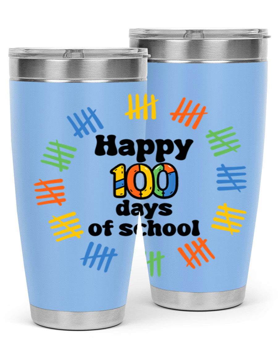 Happy 100 Days of School tumbler featuring vibrant design, double wall vacuum stainless steel, and a drink-thru lid.