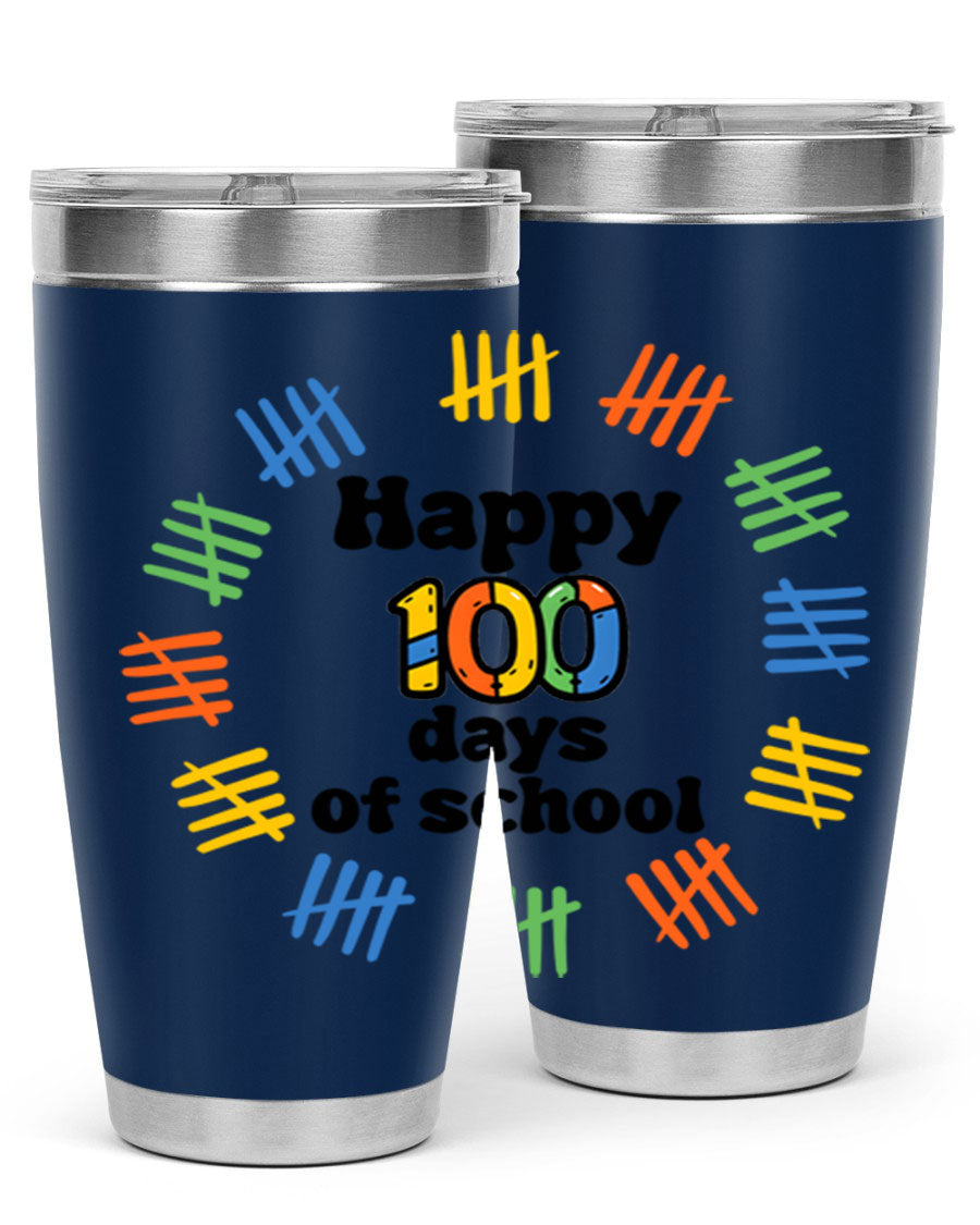 Happy 100 Days of School tumbler featuring vibrant design, double wall vacuum stainless steel, and a drink-thru lid.