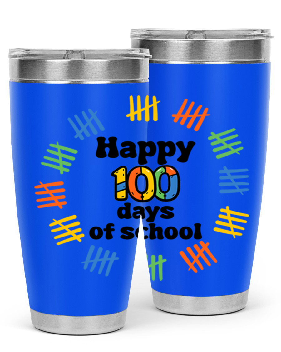 Happy 100 Days of School tumbler featuring vibrant design, double wall vacuum stainless steel, and a drink-thru lid.