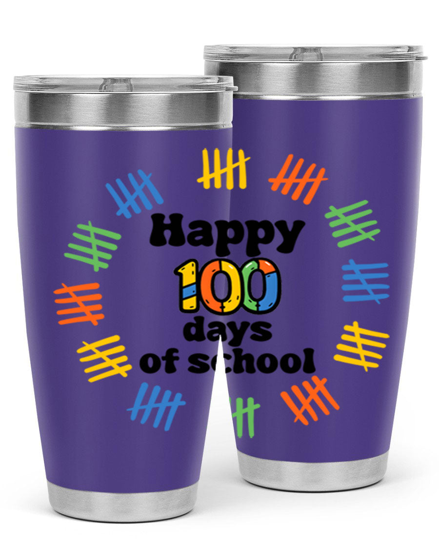 Happy 100 Days of School tumbler featuring vibrant design, double wall vacuum stainless steel, and a drink-thru lid.