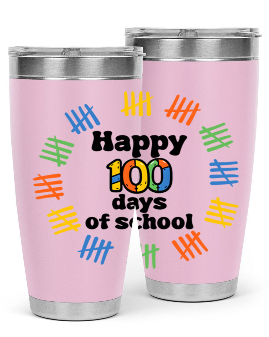 Happy 100 Days of School tumbler featuring vibrant design, double wall vacuum stainless steel, and a drink-thru lid.