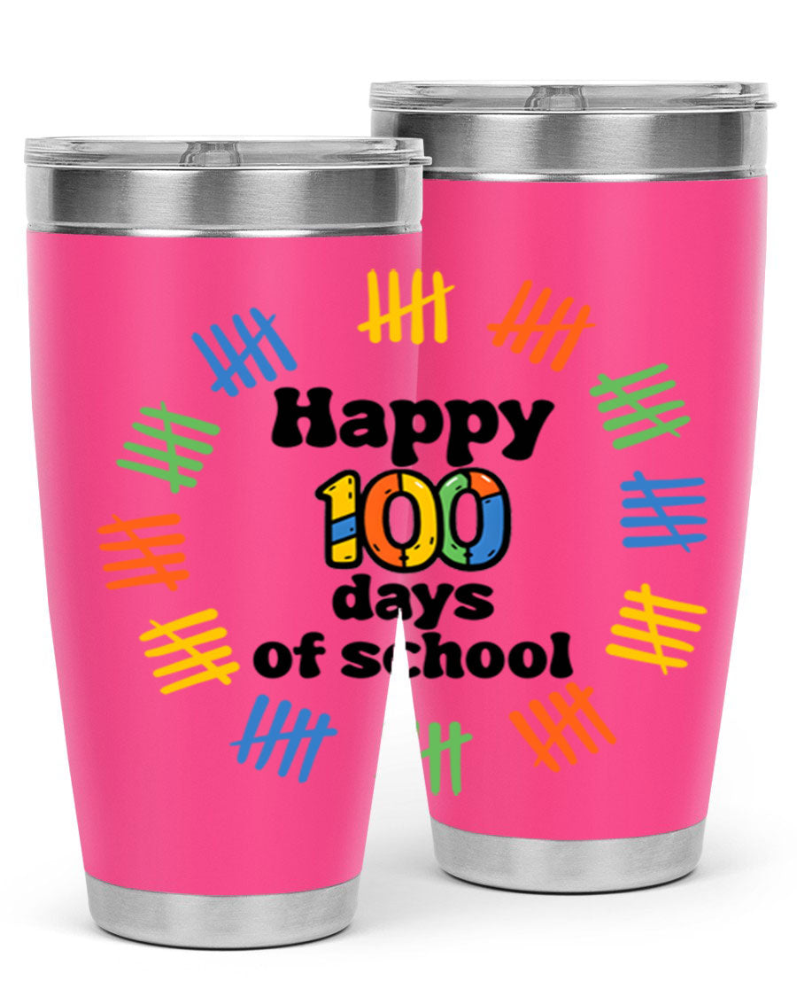 Happy 100 Days of School tumbler featuring vibrant design, double wall vacuum stainless steel, and a drink-thru lid.