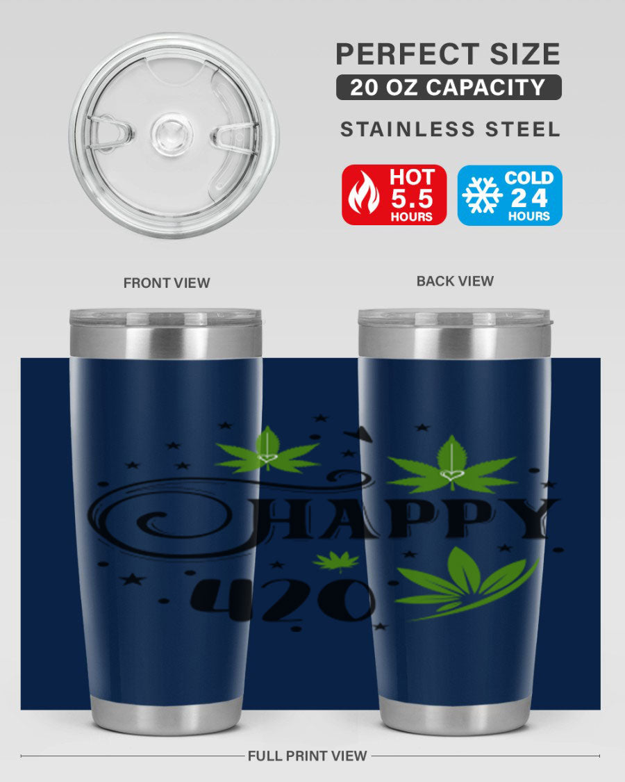 Happy 420 101# Tumbler in stainless steel with vibrant design, perfect for hot and cold beverages.