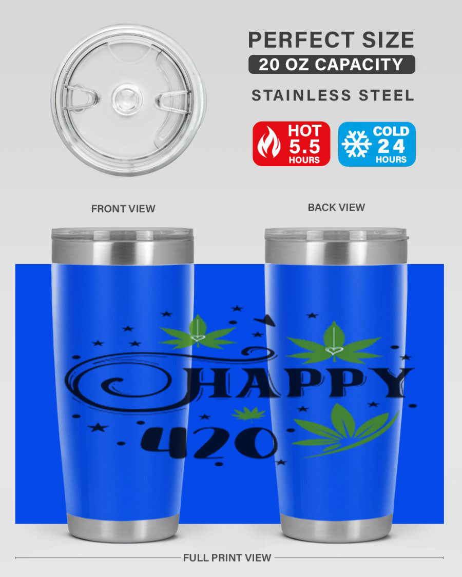 Happy 420 101# Tumbler in stainless steel with vibrant design, perfect for hot and cold beverages.
