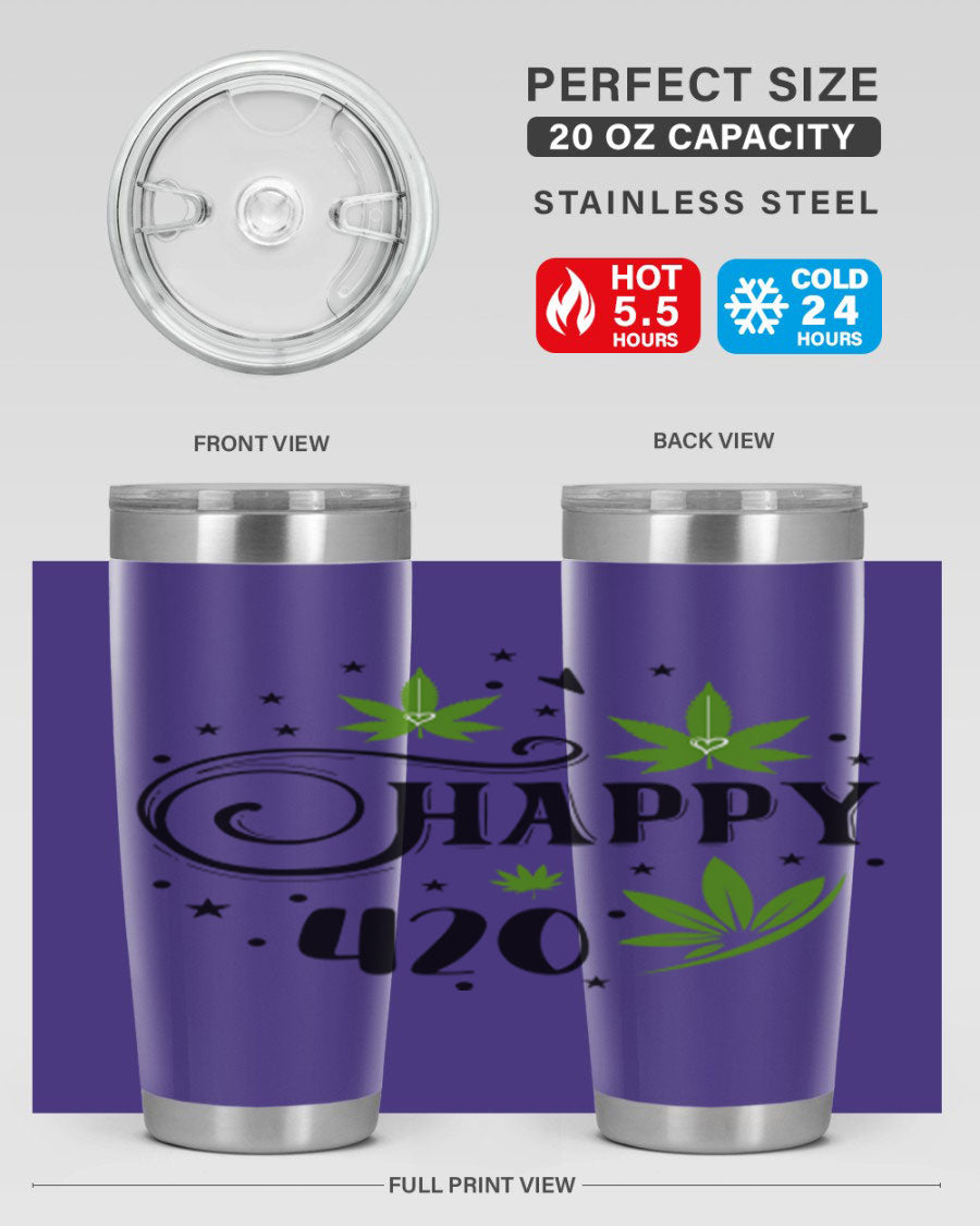 Happy 420 101# Tumbler in stainless steel with vibrant design, perfect for hot and cold beverages.