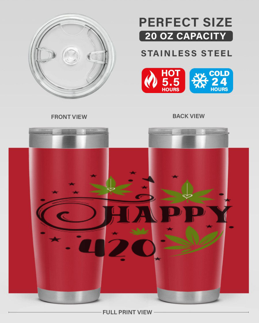 Happy 420 101# Tumbler in stainless steel with vibrant design, perfect for hot and cold beverages.