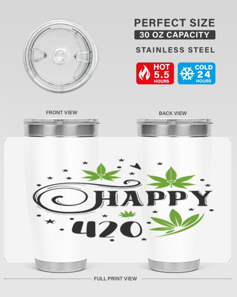 Happy 420 101# Tumbler in stainless steel with vibrant design, perfect for hot and cold beverages.