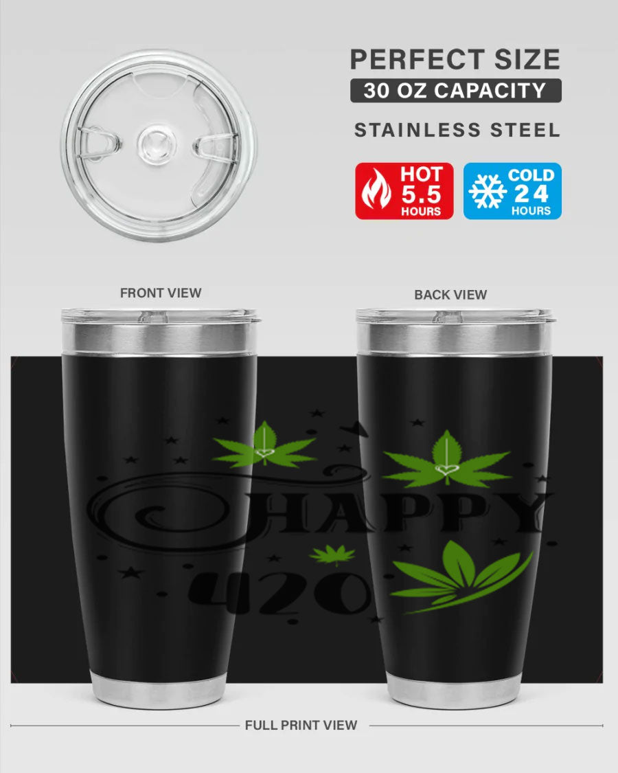 Happy 420 101# Tumbler in stainless steel with vibrant design, perfect for hot and cold beverages.