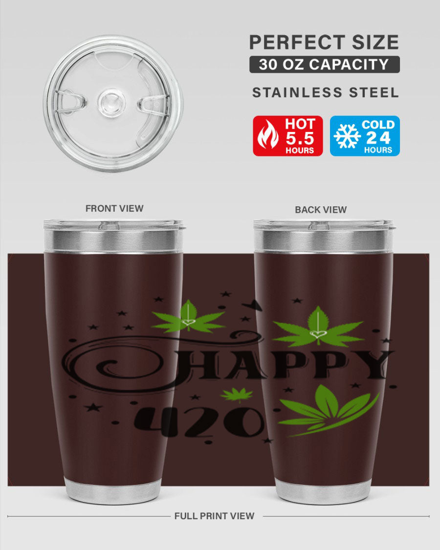 Happy 420 101# Tumbler in stainless steel with vibrant design, perfect for hot and cold beverages.