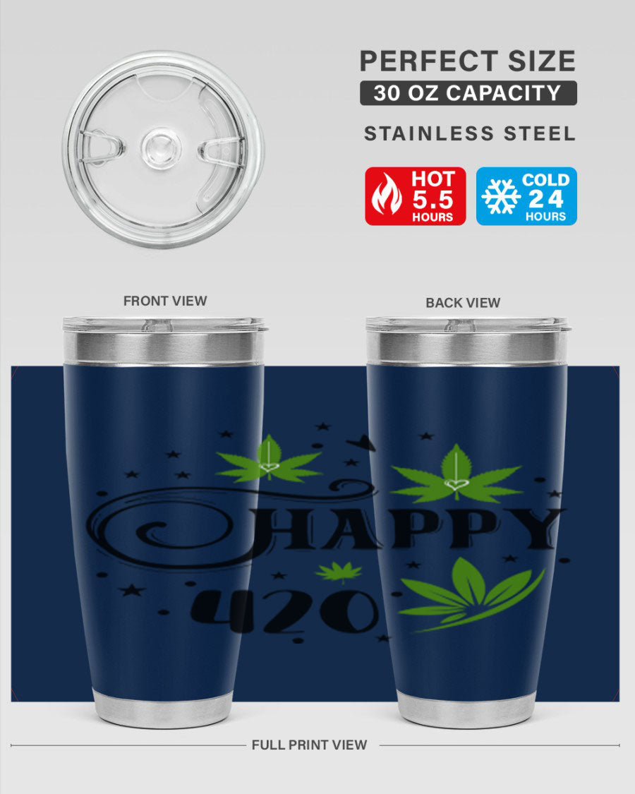 Happy 420 101# Tumbler in stainless steel with vibrant design, perfect for hot and cold beverages.