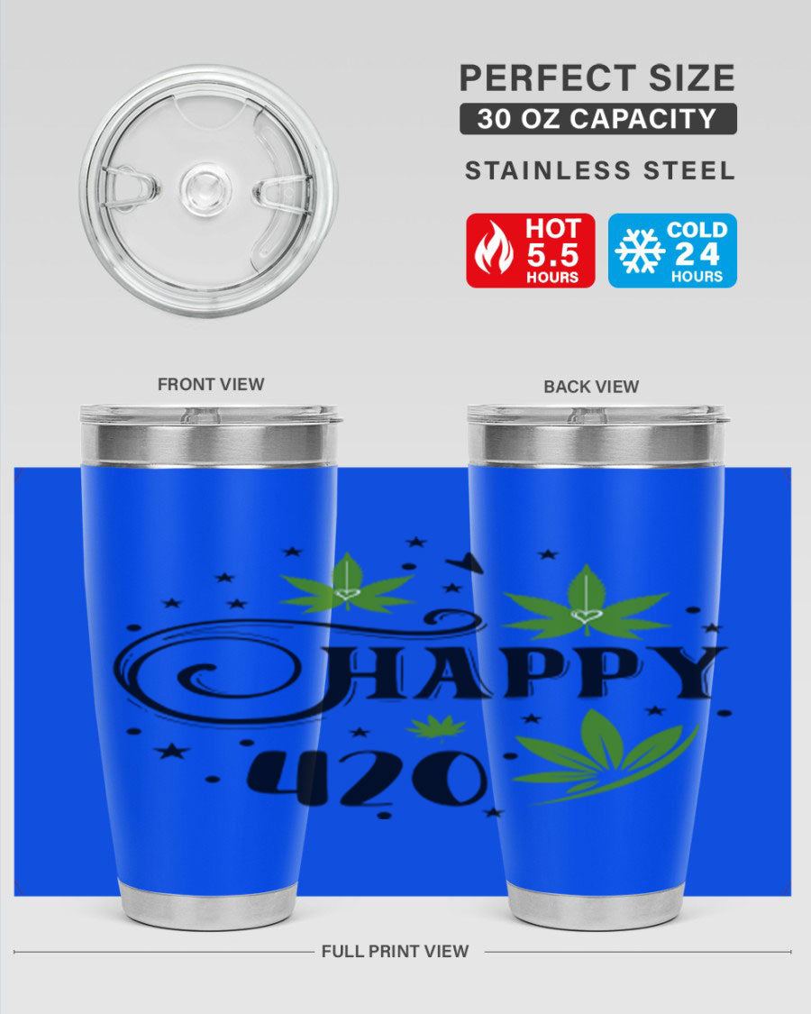 Happy 420 101# Tumbler in stainless steel with vibrant design, perfect for hot and cold beverages.