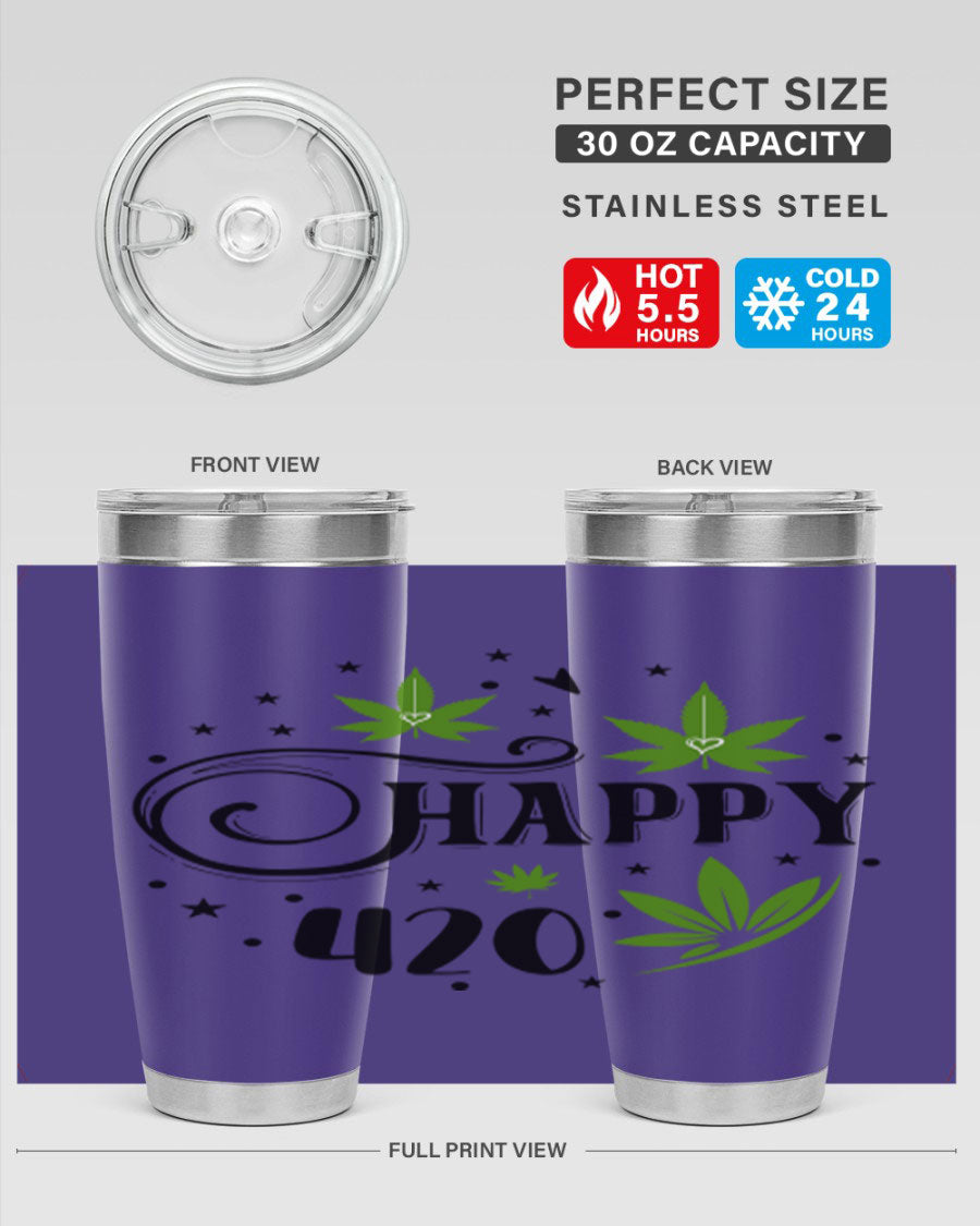 Happy 420 101# Tumbler in stainless steel with vibrant design, perfect for hot and cold beverages.