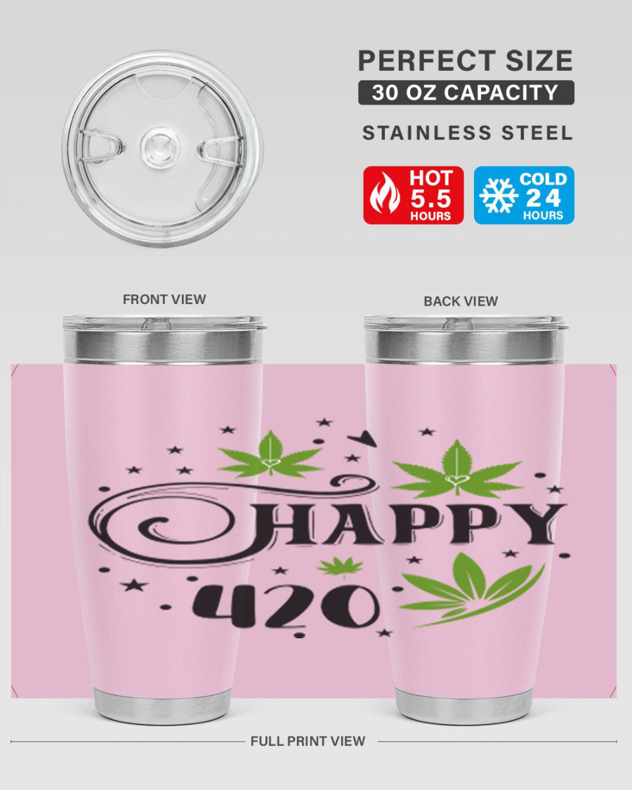 Happy 420 101# Tumbler in stainless steel with vibrant design, perfect for hot and cold beverages.