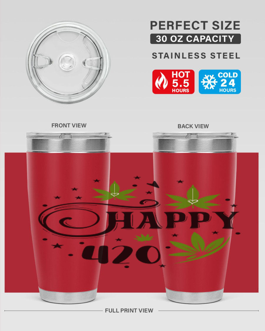 Happy 420 101# Tumbler in stainless steel with vibrant design, perfect for hot and cold beverages.
