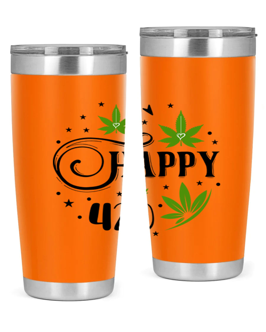 Happy 420 101# Tumbler in stainless steel with vibrant design, perfect for hot and cold beverages.