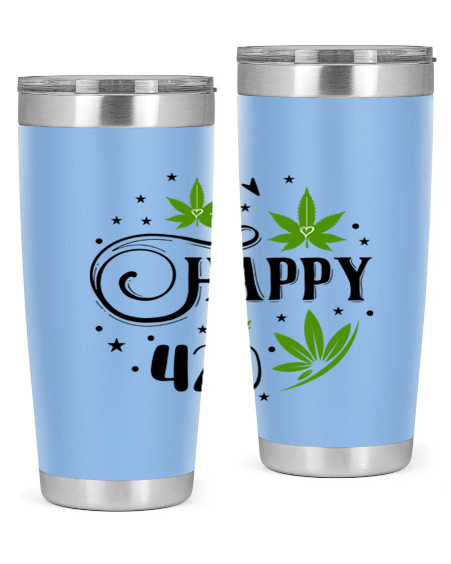 Happy 420 101# Tumbler in stainless steel with vibrant design, perfect for hot and cold beverages.