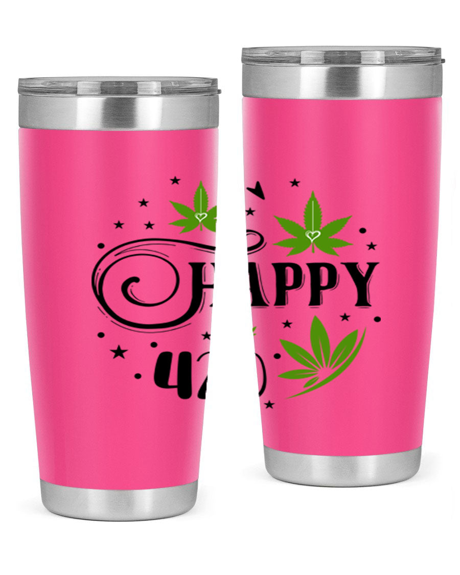 Happy 420 101# Tumbler in stainless steel with vibrant design, perfect for hot and cold beverages.