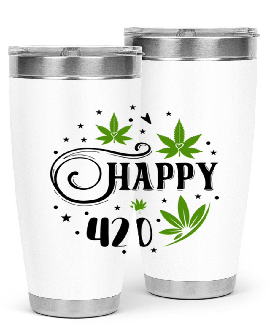 Happy 420 101# Tumbler in stainless steel with vibrant design, perfect for hot and cold beverages.
