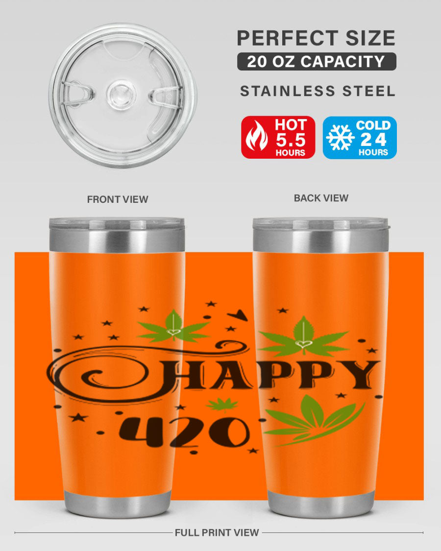 Happy 420 101# Tumbler in stainless steel with vibrant design, perfect for hot and cold beverages.