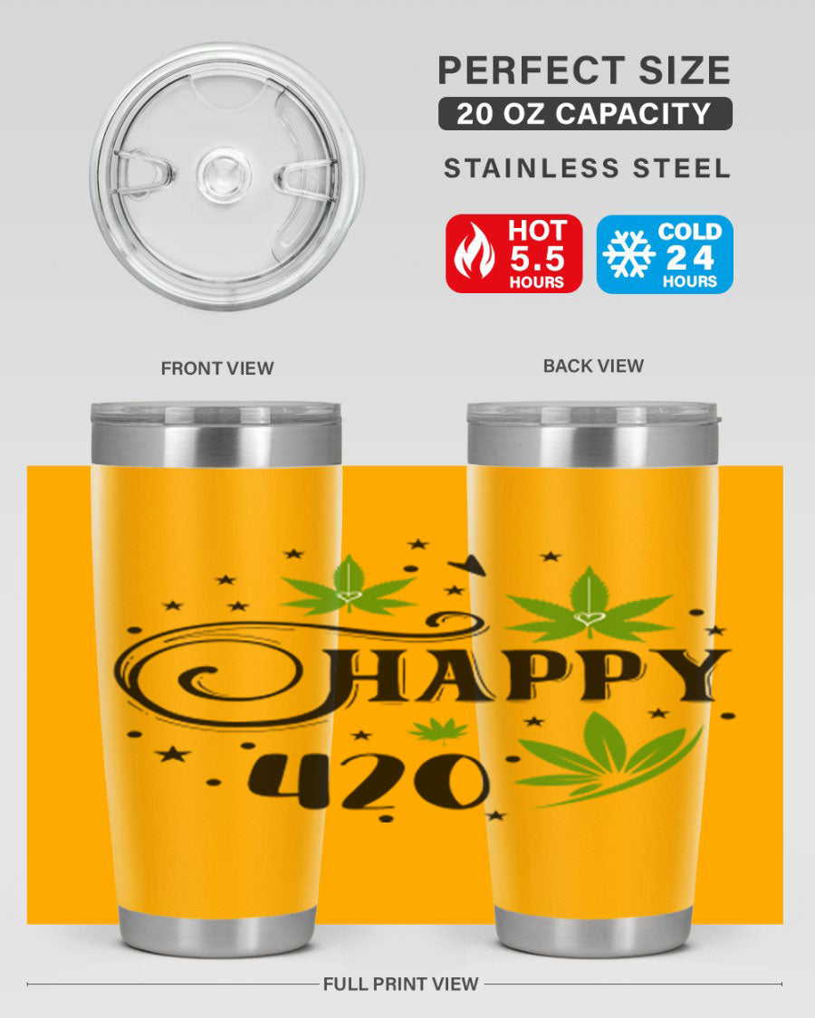 Happy 420 101# Tumbler in stainless steel with vibrant design, perfect for hot and cold beverages.