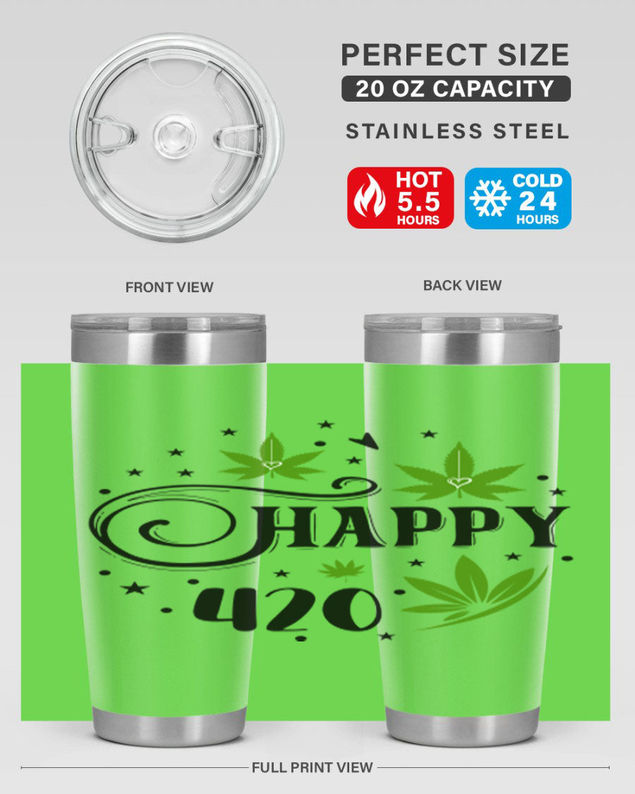 Happy 420 101# Tumbler in stainless steel with vibrant design, perfect for hot and cold beverages.