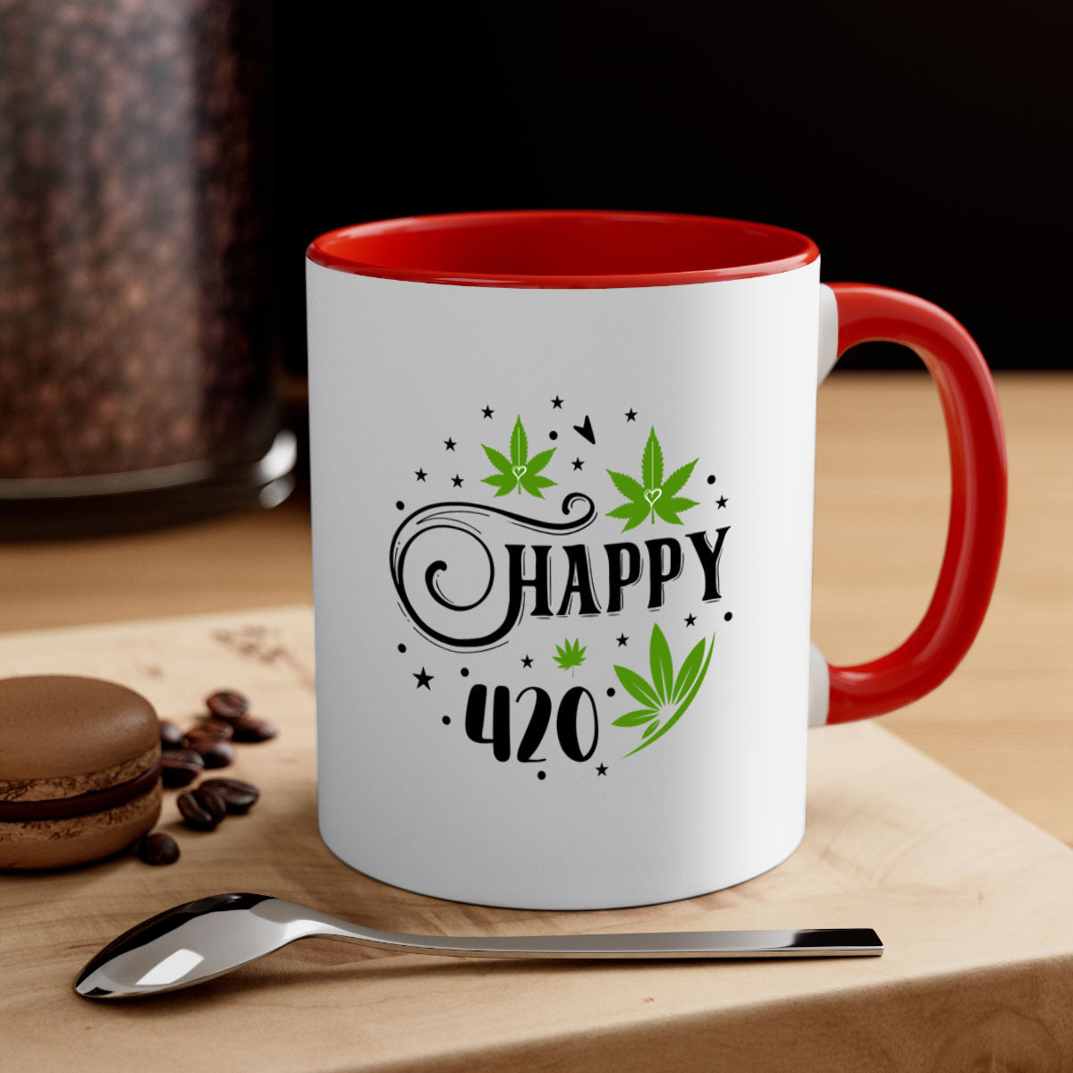 Happy 420 101# Mug with colorful handle and interior, showcasing glossy finish and ergonomic design.