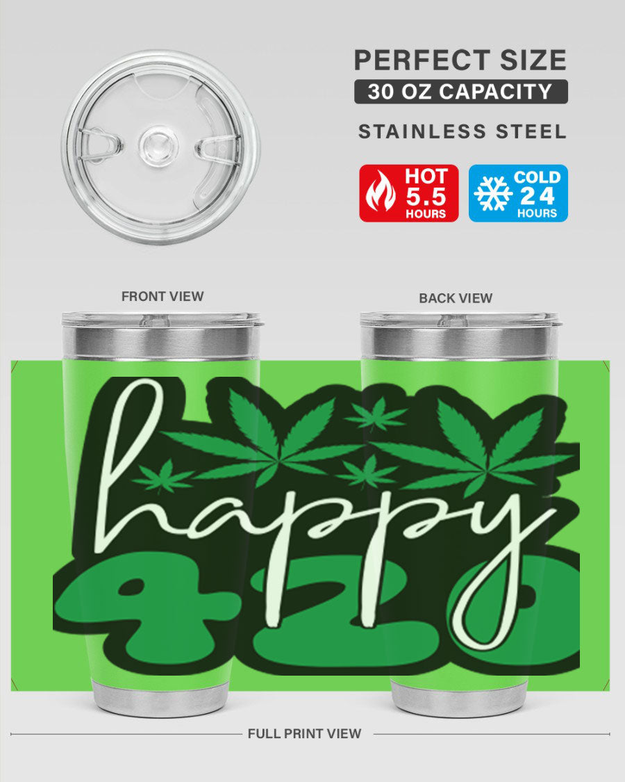 Happy 420 102# marijuana tumbler in stainless steel with vibrant design, showcasing its double wall vacuum insulation and drink-thru lid.