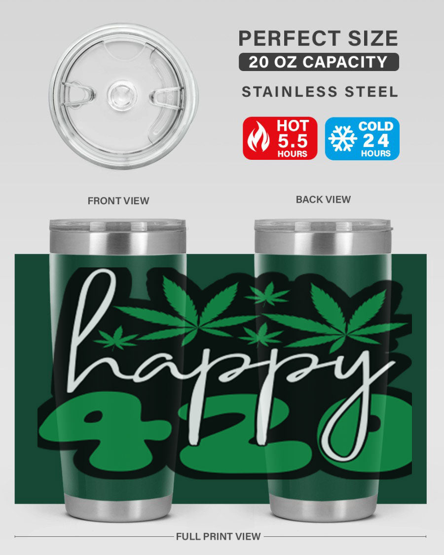 Happy 420 102# marijuana tumbler in stainless steel with vibrant design, showcasing its double wall vacuum insulation and drink-thru lid.