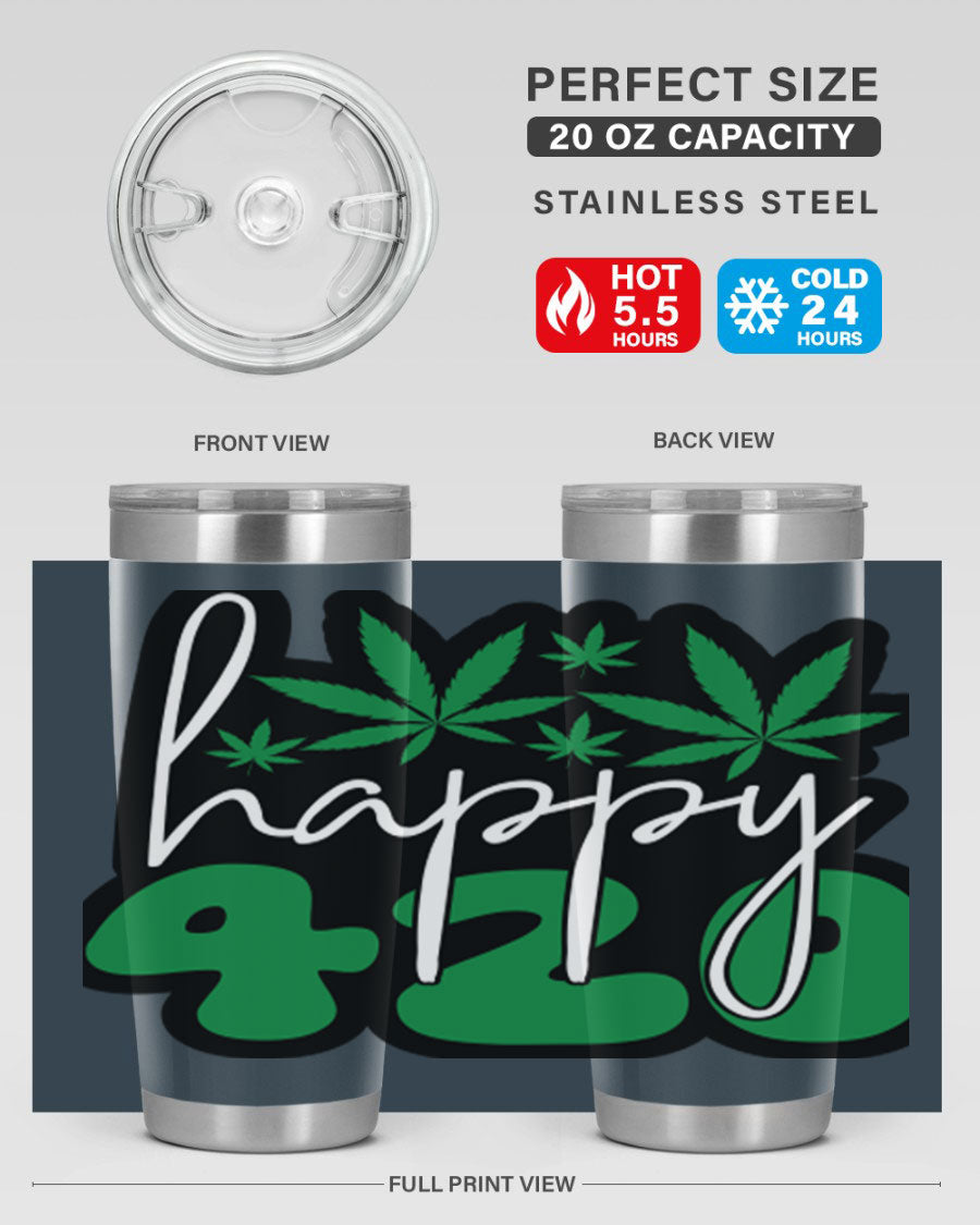 Happy 420 102# marijuana tumbler in stainless steel with vibrant design, showcasing its double wall vacuum insulation and drink-thru lid.