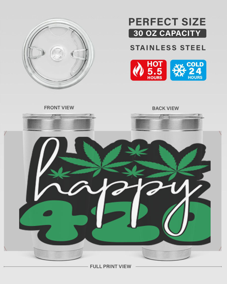 Happy 420 102# marijuana tumbler in stainless steel with vibrant design, showcasing its double wall vacuum insulation and drink-thru lid.