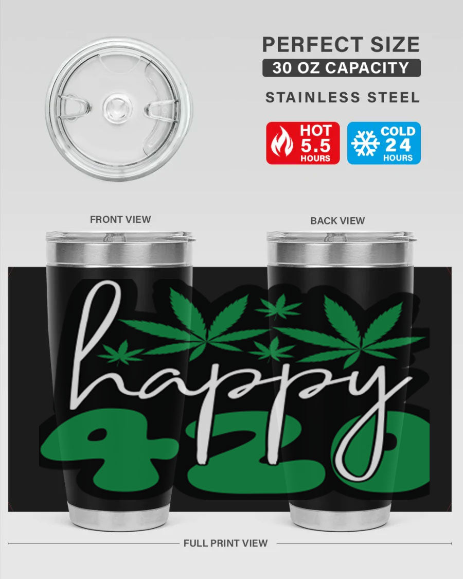 Happy 420 102# marijuana tumbler in stainless steel with vibrant design, showcasing its double wall vacuum insulation and drink-thru lid.