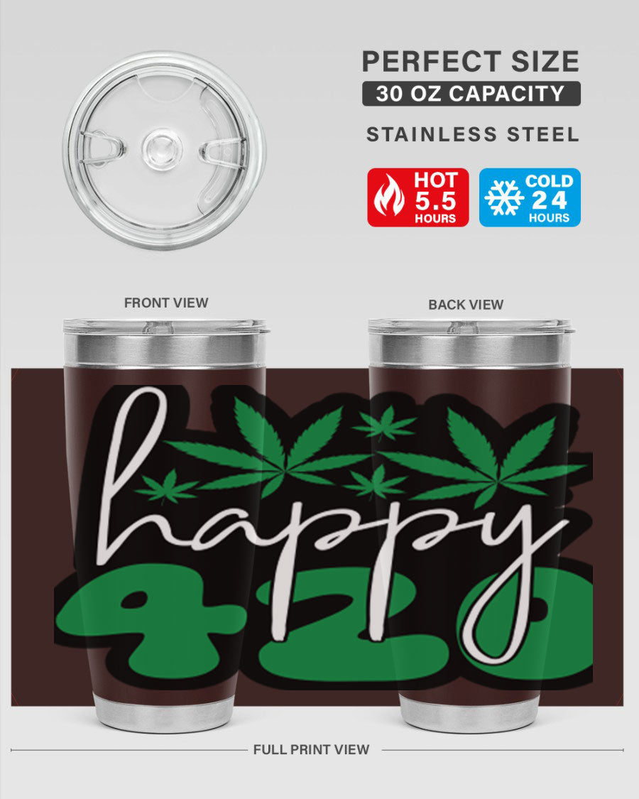 Happy 420 102# marijuana tumbler in stainless steel with vibrant design, showcasing its double wall vacuum insulation and drink-thru lid.