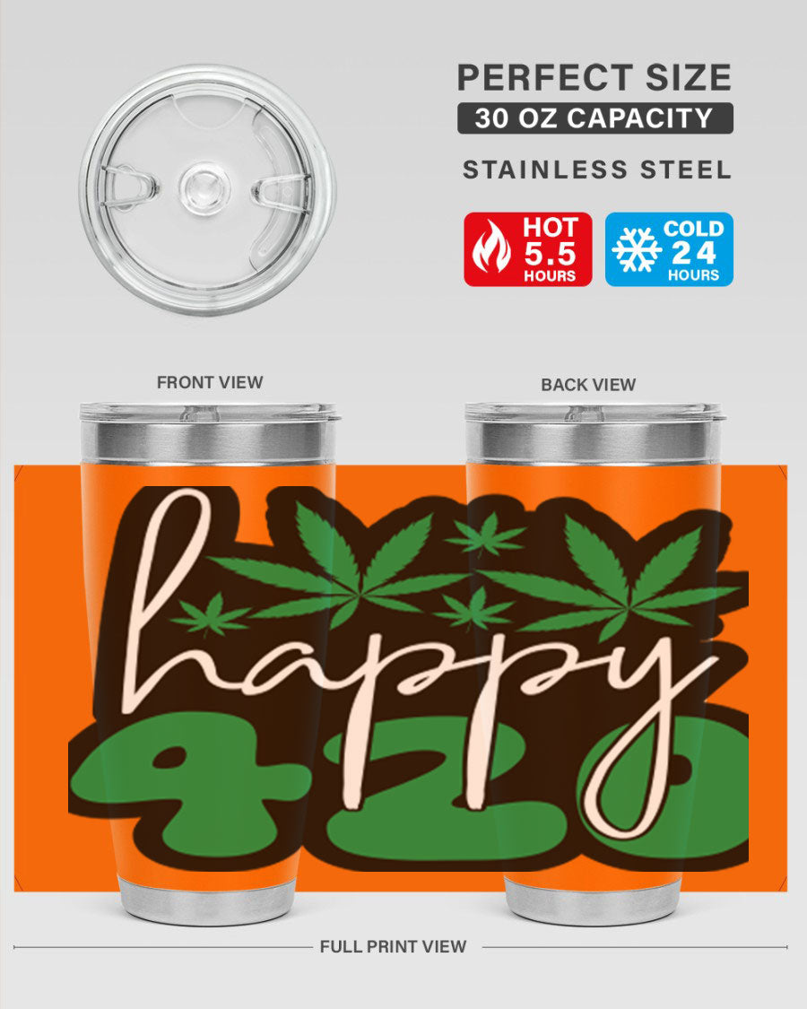 Happy 420 102# marijuana tumbler in stainless steel with vibrant design, showcasing its double wall vacuum insulation and drink-thru lid.
