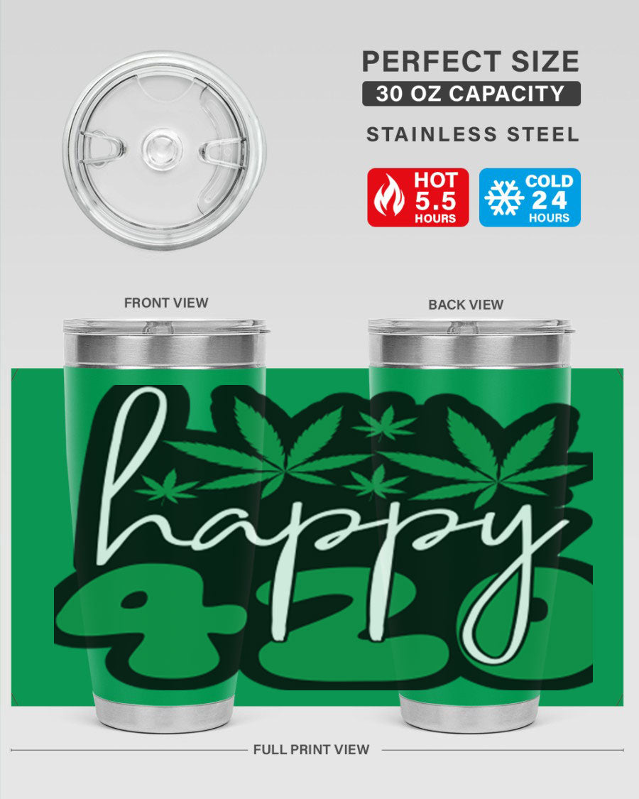 Happy 420 102# marijuana tumbler in stainless steel with vibrant design, showcasing its double wall vacuum insulation and drink-thru lid.
