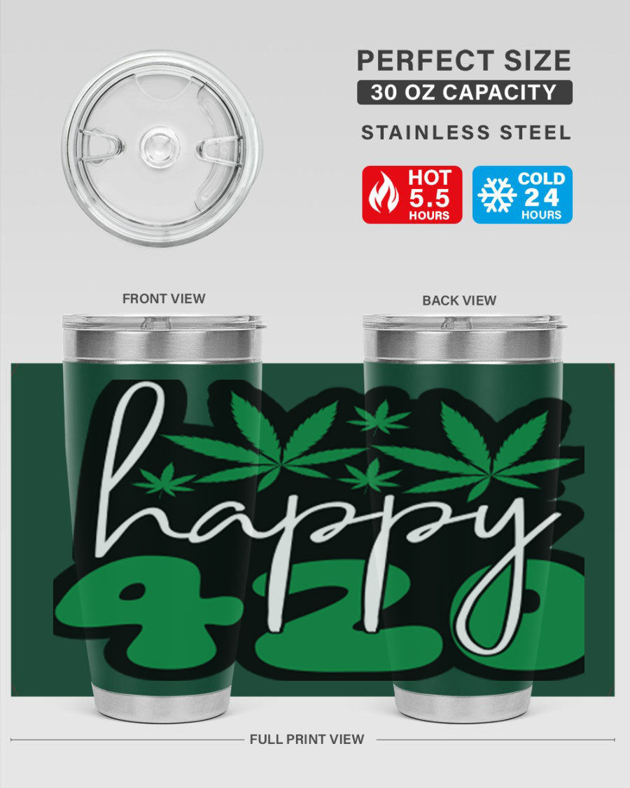 Happy 420 102# marijuana tumbler in stainless steel with vibrant design, showcasing its double wall vacuum insulation and drink-thru lid.