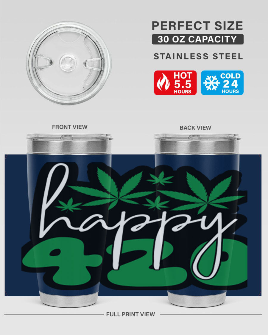 Happy 420 102# marijuana tumbler in stainless steel with vibrant design, showcasing its double wall vacuum insulation and drink-thru lid.