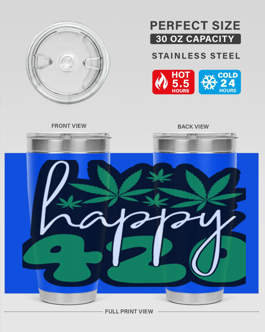 Happy 420 102# marijuana tumbler in stainless steel with vibrant design, showcasing its double wall vacuum insulation and drink-thru lid.