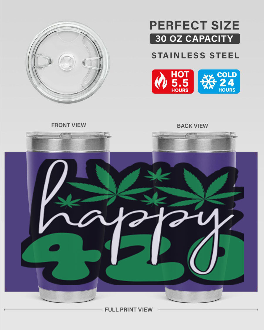 Happy 420 102# marijuana tumbler in stainless steel with vibrant design, showcasing its double wall vacuum insulation and drink-thru lid.