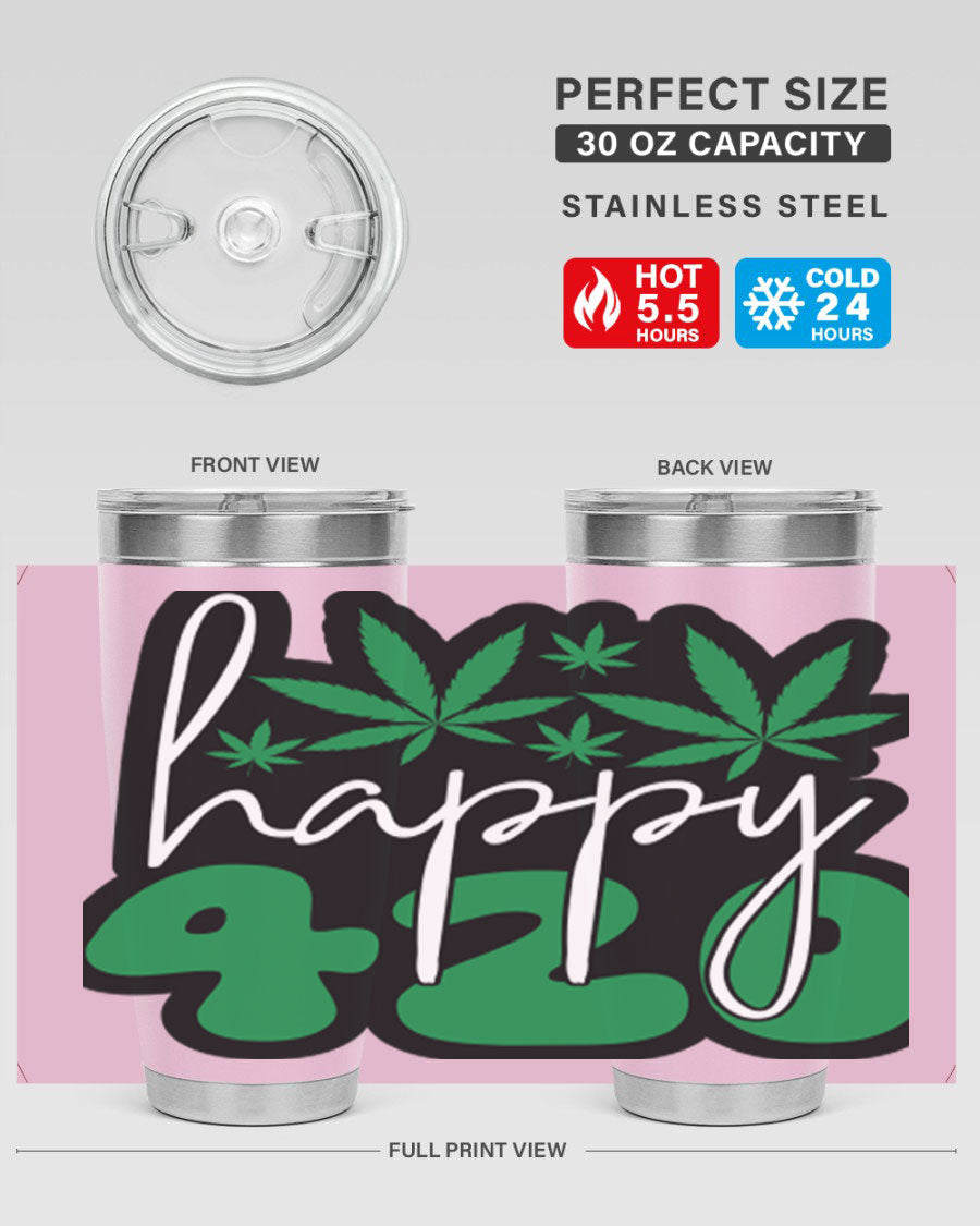 Happy 420 102# marijuana tumbler in stainless steel with vibrant design, showcasing its double wall vacuum insulation and drink-thru lid.