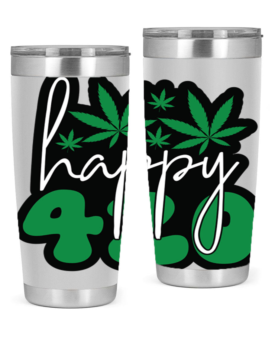Happy 420 102# marijuana tumbler in stainless steel with vibrant design, showcasing its double wall vacuum insulation and drink-thru lid.