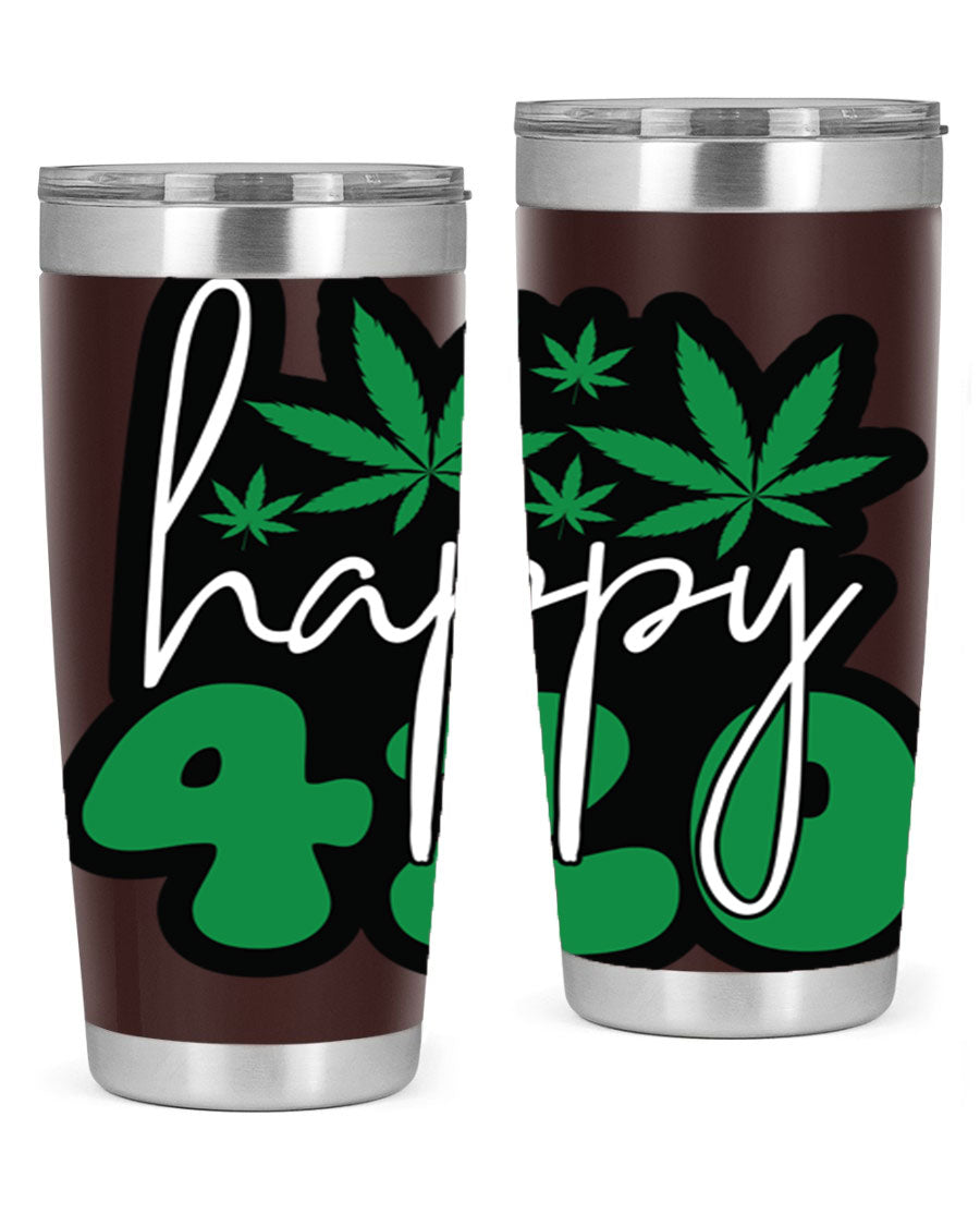 Happy 420 102# marijuana tumbler in stainless steel with vibrant design, showcasing its double wall vacuum insulation and drink-thru lid.